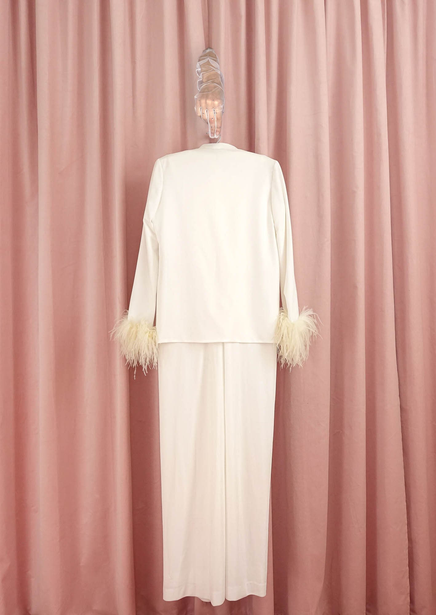 1970s White Ruched Gown And Matching Ostrich Jacket