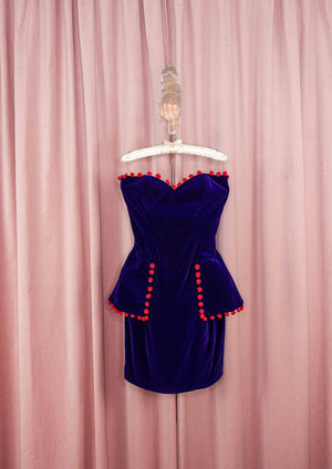 1980s Ultraviolet Velvet Peplum Mini With Pom Poms