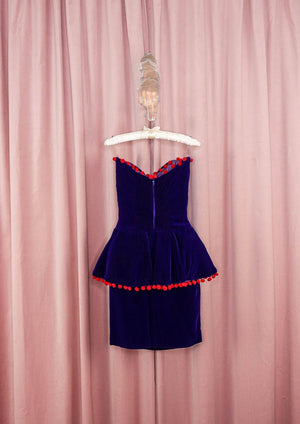 1980s Ultraviolet Velvet Peplum Mini With Pom Poms