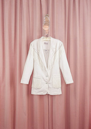 1990s White Denim Rhinestone and Fringe Western Blazer