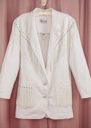 1990s White Denim Rhinestone and Fringe Western Blazer