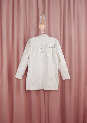 1990s White Denim Rhinestone and Fringe Western Blazer