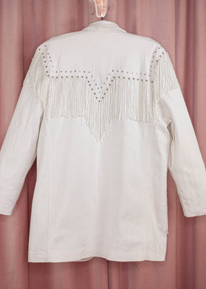 1990s White Denim Rhinestone and Fringe Western Blazer