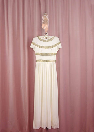 1970s Ivory Jersey Gown With Gold Studs