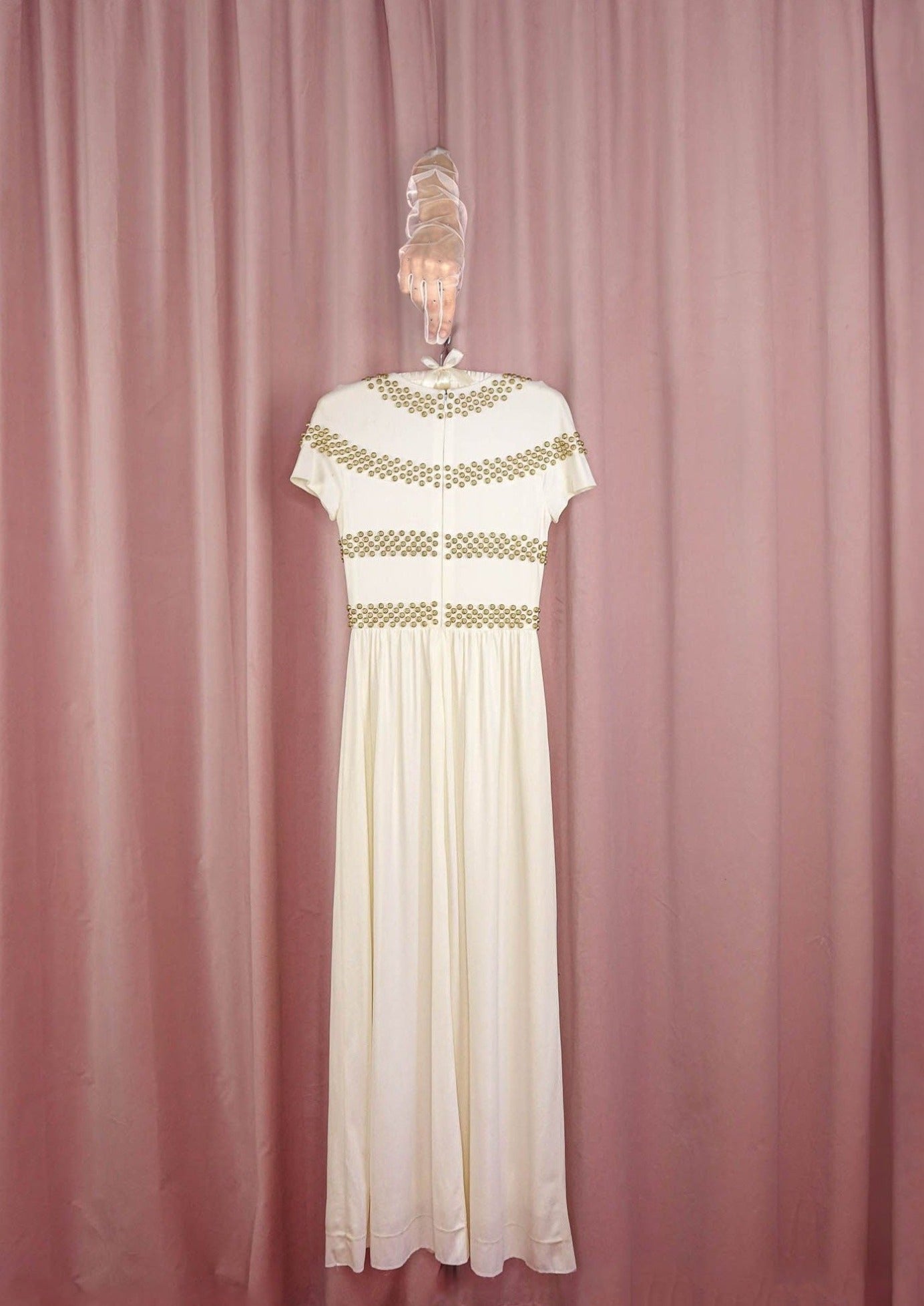 1970s Ivory Jersey Gown With Gold Studs Cha Cha Linda Vintage 1970s Ivory Jersey Gown With Gold Studs Cha Cha Linda Vintage