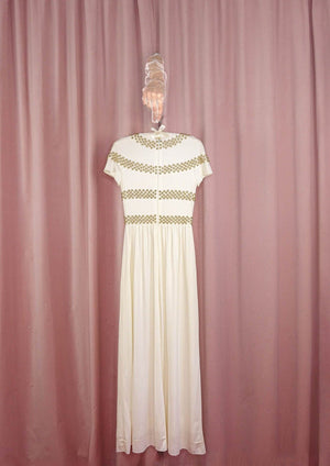 1970s Ivory Jersey Gown With Gold Studs