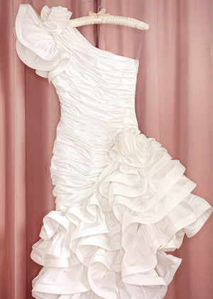 1980s White Asymmetrical Ruffle Gown