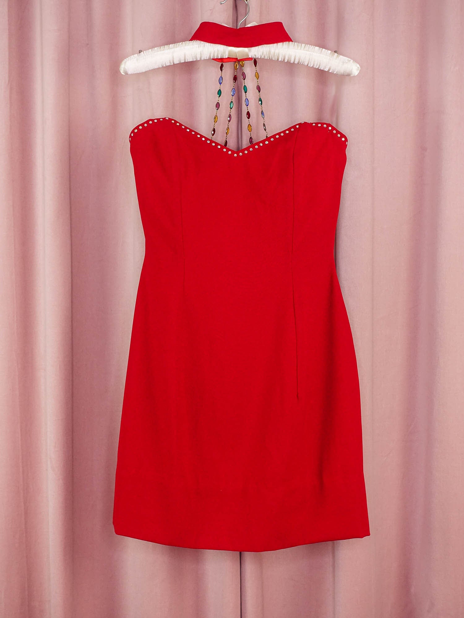 1990s Red Collar Mini Dress with Rainbow Glass Beads