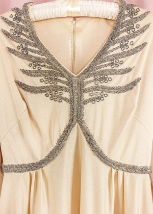 1970s Cream Jersey Beaded Gown