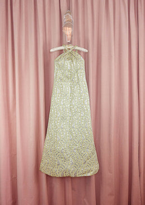 1960s Mint and Silver Brocade Halter Gown