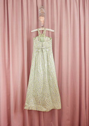 1960s Mint and Silver Brocade Halter Gown