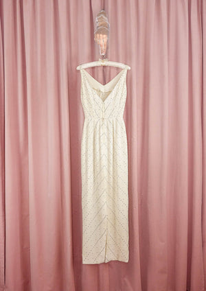 1960s Ivory Crepe Wiggle Gown With Rhinestone Chevron