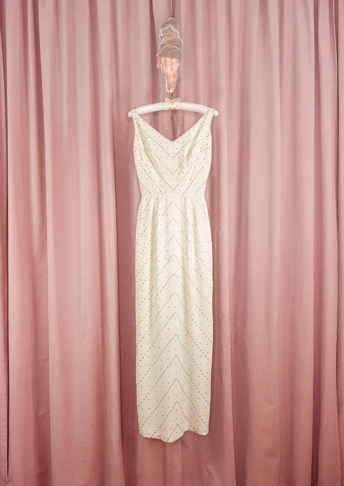 1960s Ivory Crepe Wiggle Gown With Rhinestone Chevron Cha Cha Linda Vintage 1960s Ivory Crepe Wiggle Gown With Rhinestone Chevron Cha Cha Linda Vintage