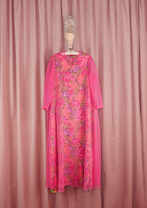 1960s Floral Maxi Dress With Pink Sheer Overlay