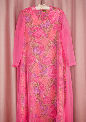 1960s Floral Maxi Dress With Pink Sheer Overlay