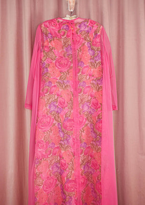 1960s Floral Maxi Dress With Pink Sheer Overlay