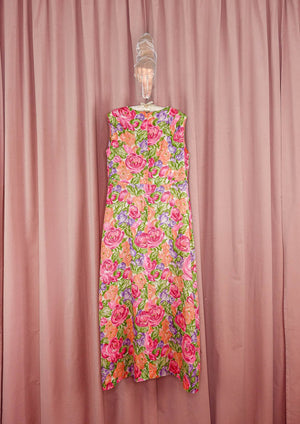 1960s Floral Maxi Dress With Pink Sheer Overlay