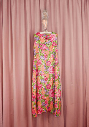 1960s Floral Maxi Dress With Pink Sheer Overlay