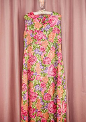 1960s Floral Maxi Dress With Pink Sheer Overlay