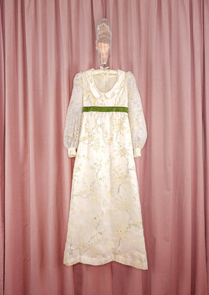 1970s Ivory Maxi Dress With Flocked Velvet Flowers