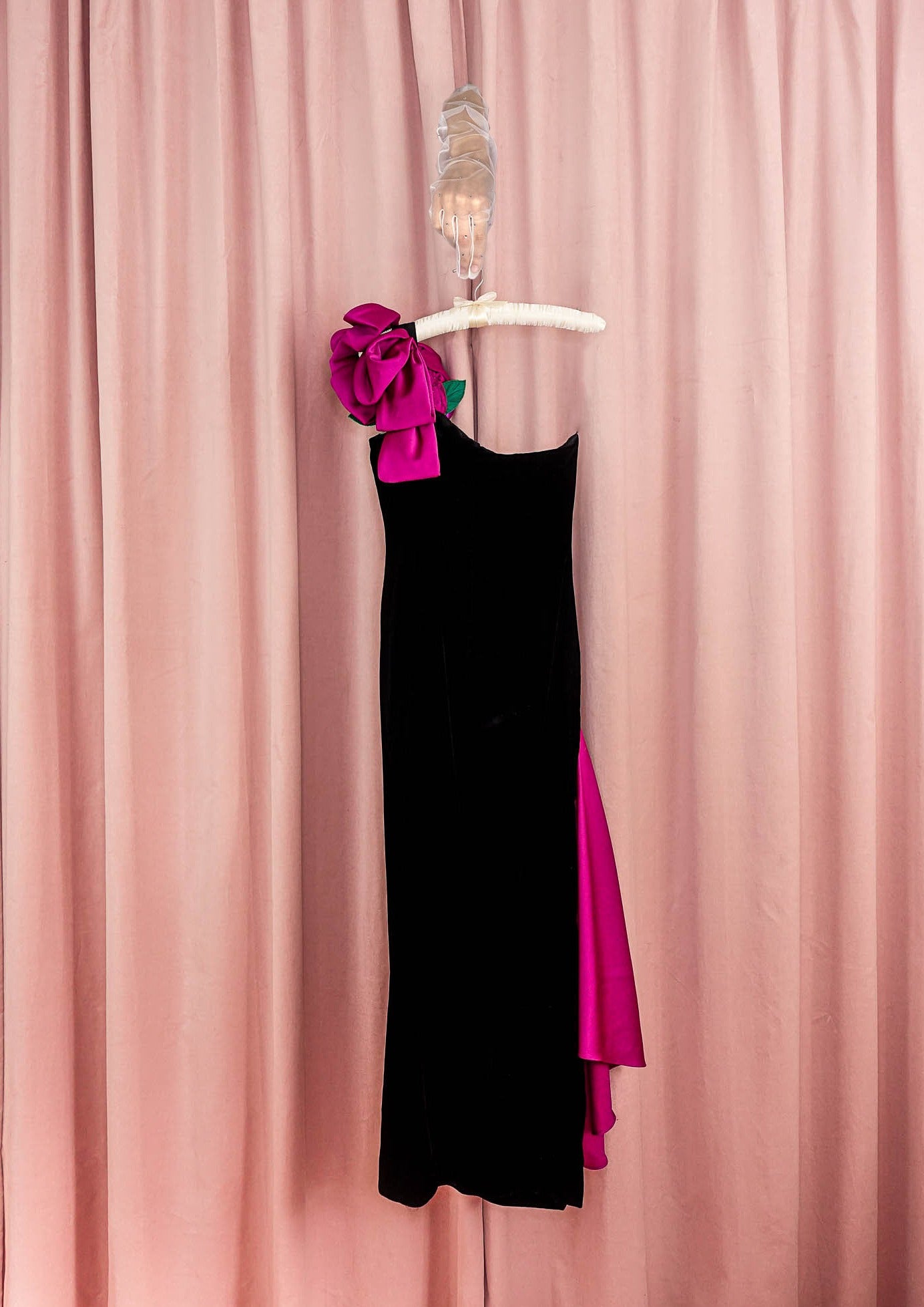 1980s Black Velvet Gown With Satin Sash and Roses