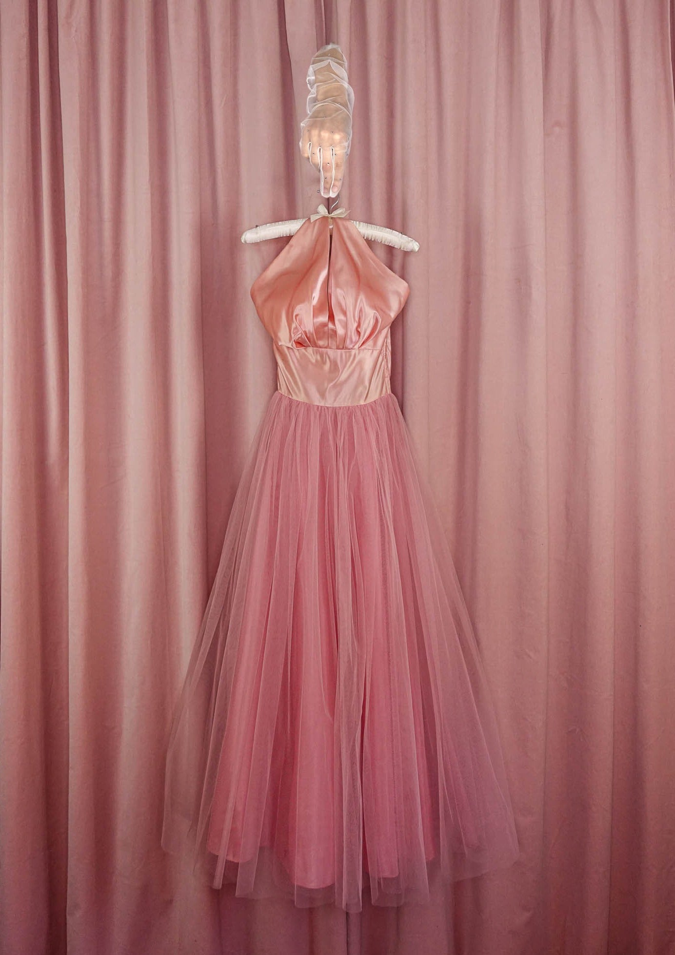 1960s Pink Liquid Satin and Tulle Halter Gown and Bolero Cha Cha Linda Vintage 1960s Pink Liquid Satin and Tulle Halter Gown and Bolero Cha Cha Linda Vintage